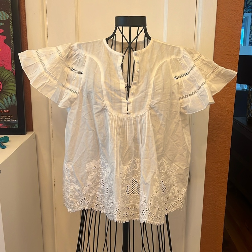 Anthropologie White Eyelet Flutter Sleeve Cotton Blouse